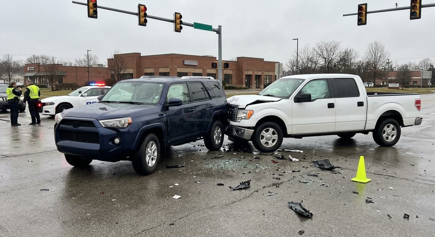 Police at an intersection after a crash between an SUV and a pickup truck, with broken glass and debris in the road.