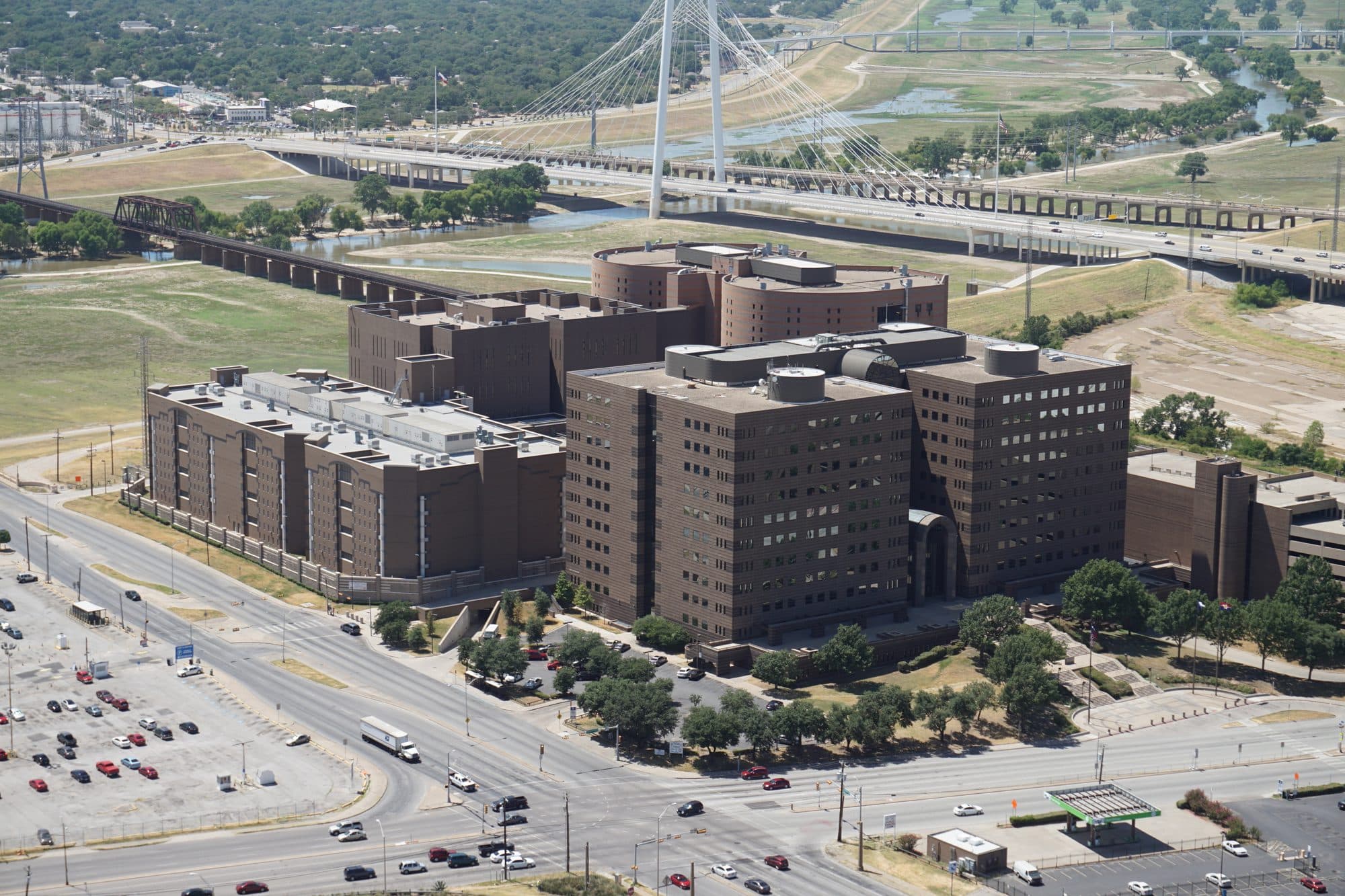 Aerial view of the Frank Crowley Courts Building and Dallas County jail complex west of downtown, seen from Reunion Tower.