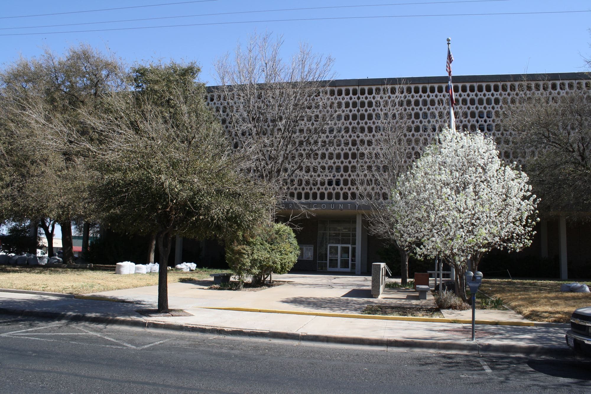 The Ector County Courthouse in Odessa, Texas, with a flowering tree out front.