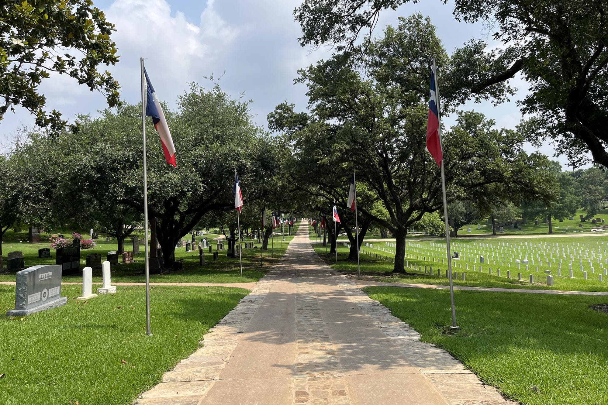 A quiet stone walkway lined with oak trees and Texas flags at the Texas State Cemetery in Austin.